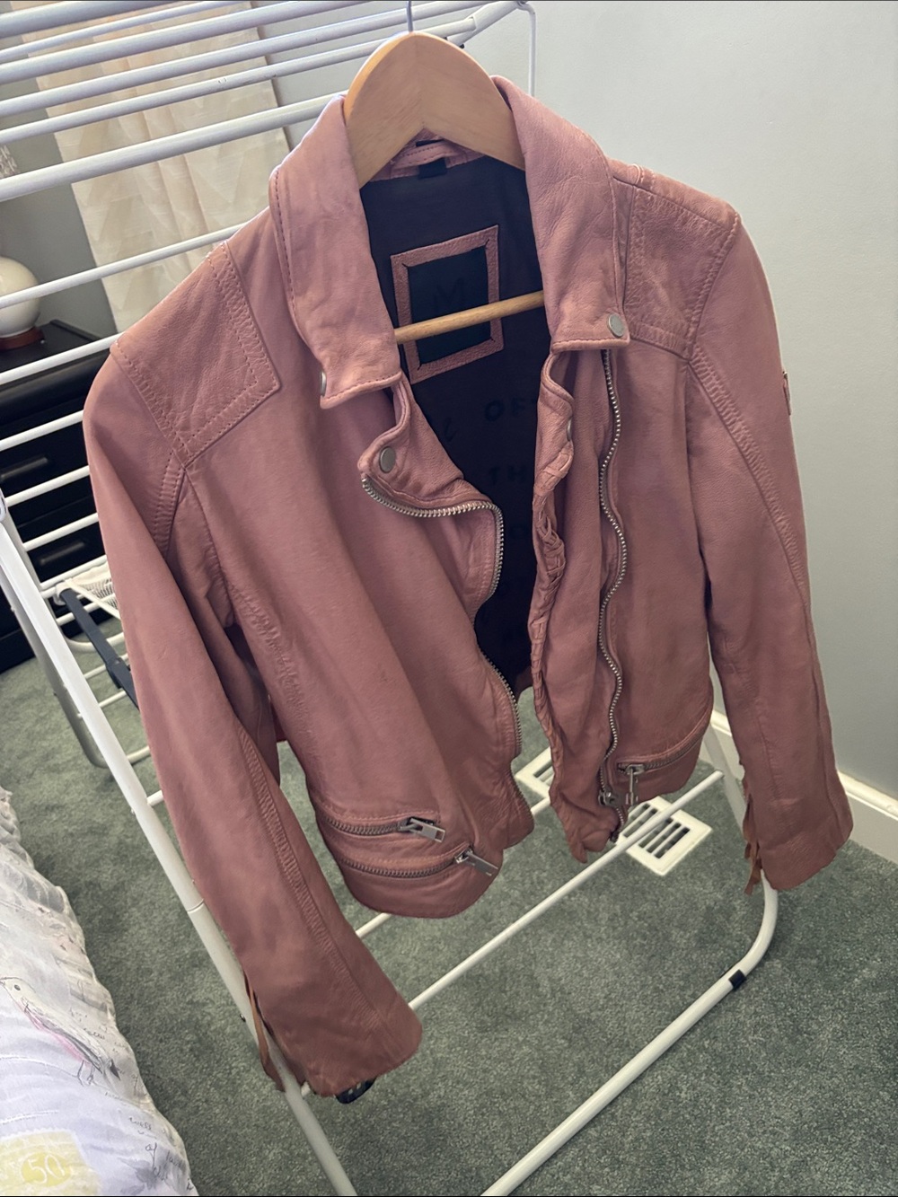 Blush Pink Zoe RF Leather Jacket with fringe
